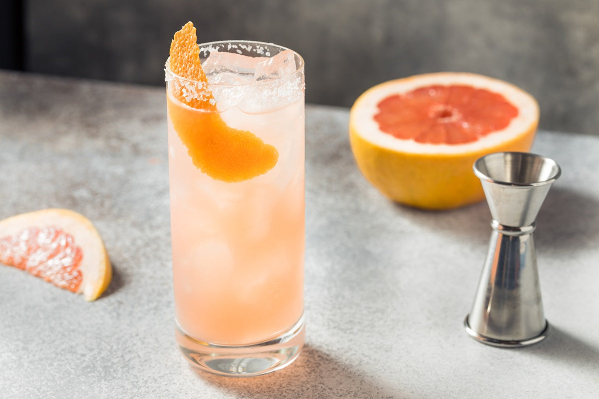 A grapefruit cocktail with a salted rim