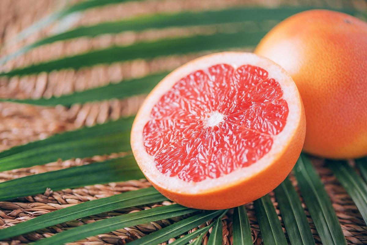 Close-up of a cut Rio red grapefruit.