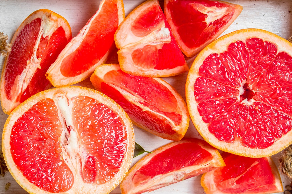 Slices and halves of Rio red grapefruit