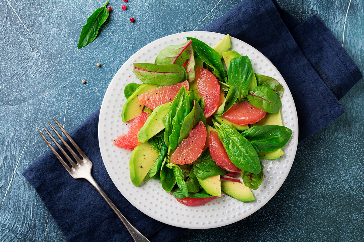 A tasty looking grapefruit avocado salad.